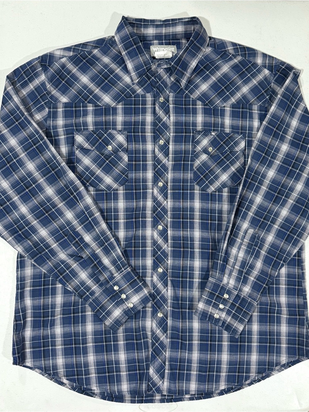 Wrangler Wrancher Pearl Snap Men’s Button Up Blue & White Plaid Flannel Shirt XL